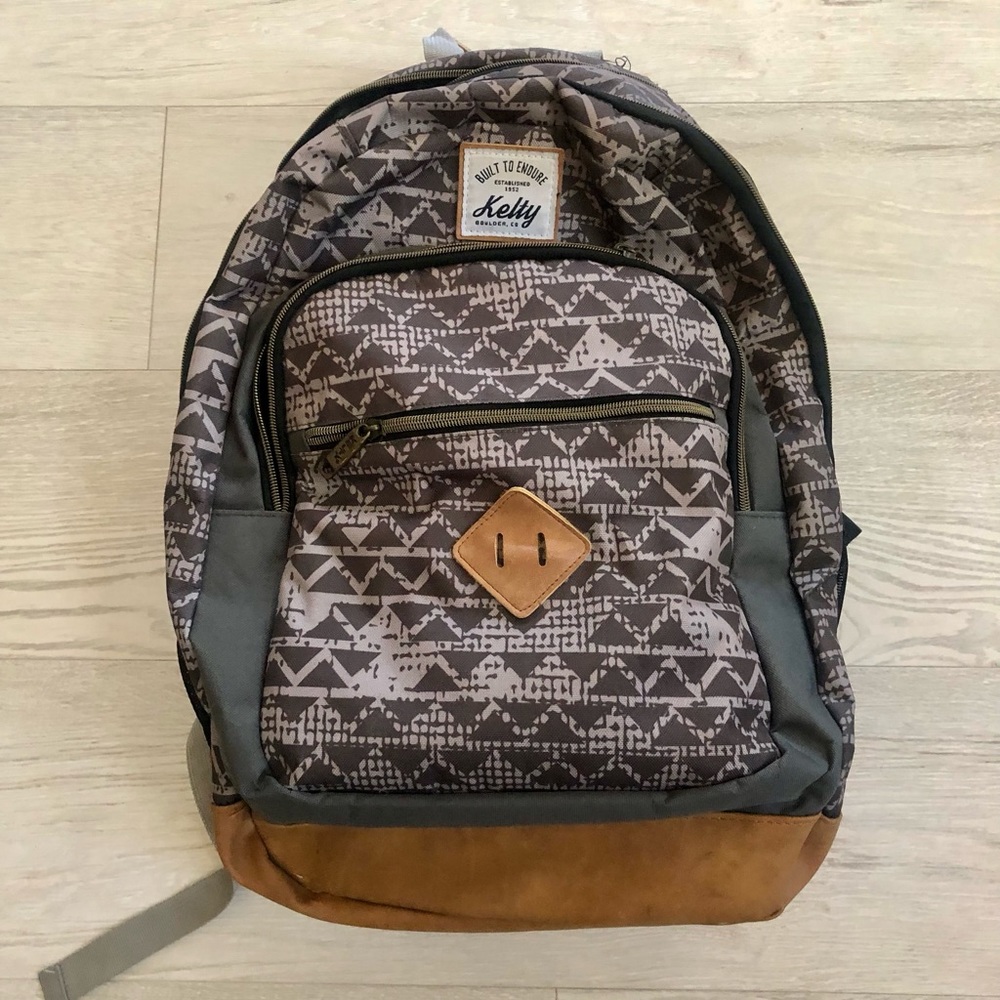 Kelty Backpack Bookbag Leather with Geometric Print